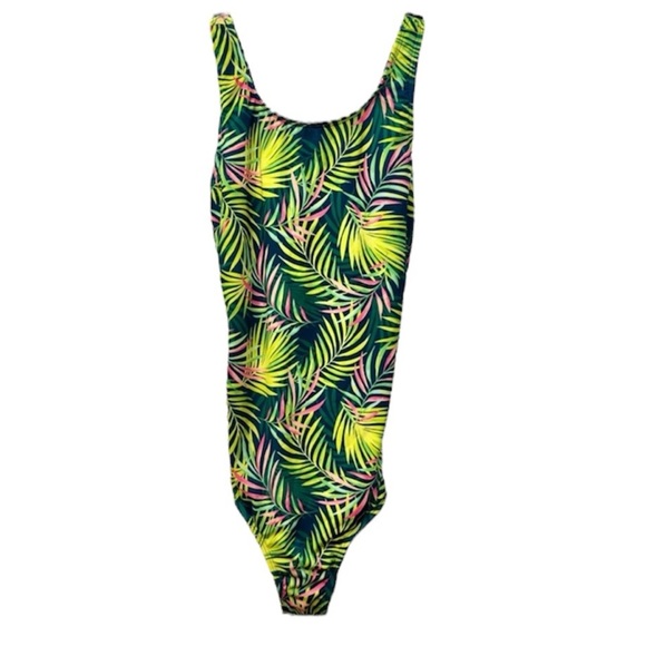 Lands' End Kids Swim One Piece - Green and Pink Leaf Print - Picture 1 of 3